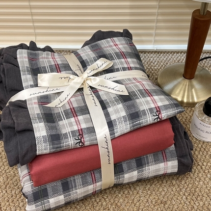 91家纺网 家纺一手货源 找家纺 （总）荣轩 2024新款全棉印花双层纱四件套 皱皱纱花边款