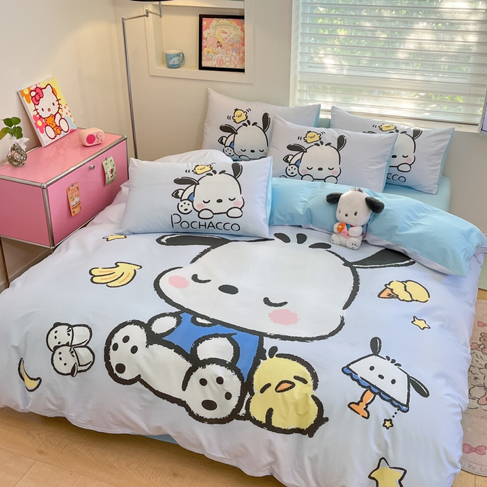 91家纺网 家纺一手货源 找家纺 金爱家 2025新款纯棉数码印花大阪三丽鸥四件套 D香蕉帕哈狗