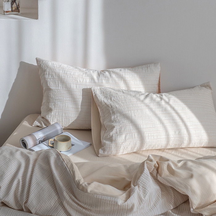 91家纺网 家纺一手货源 找家纺 小春日和 2025新款高端民宿风纯棉四件套特殊工艺全棉被套人字纹棉1.8床笠纯色双人床单加大笠 岛屿-驼