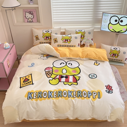 91家纺网 家纺一手货源 找家纺 金爱家 2025新款纯棉数码印花大阪三丽鸥四件套 假期快乐