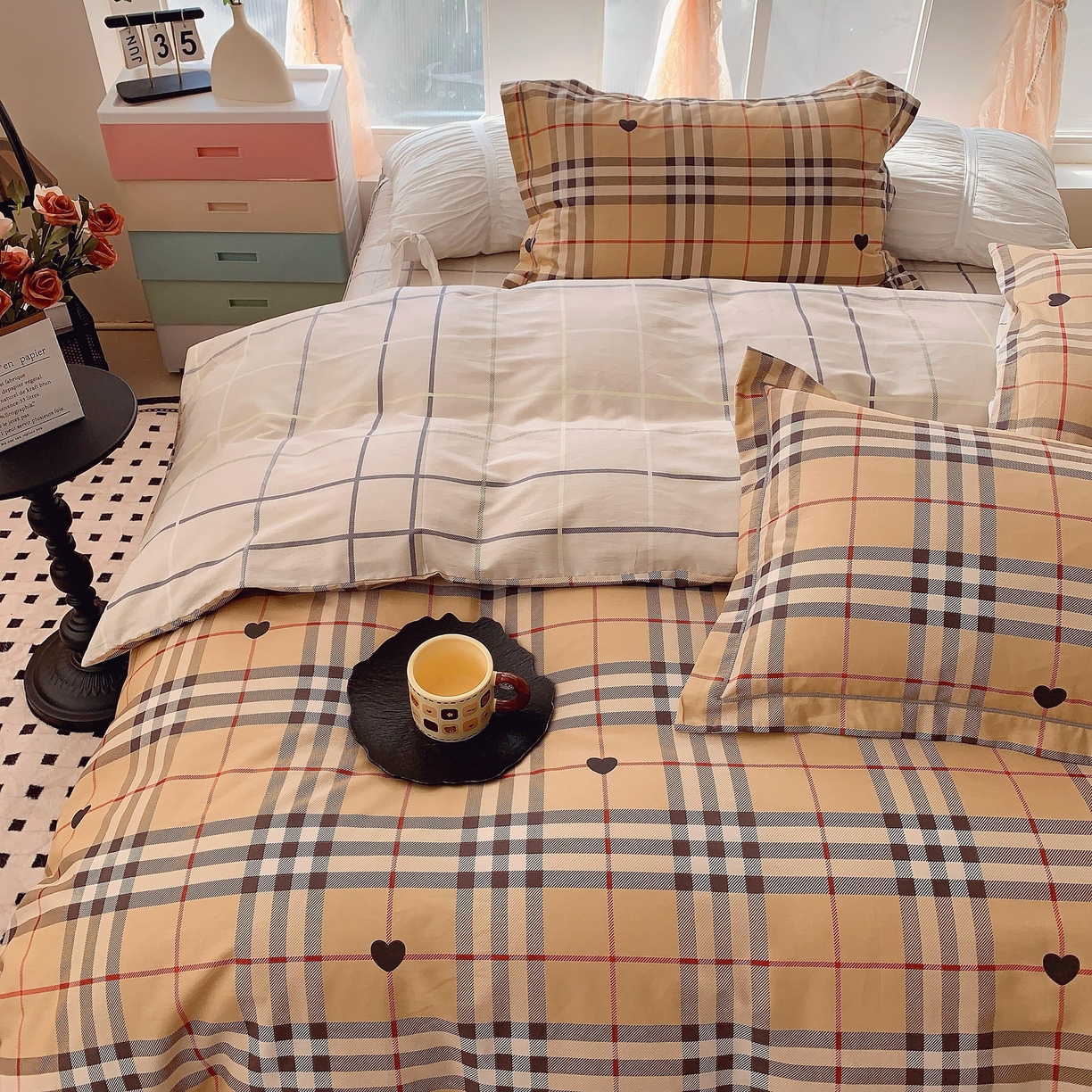 91家纺网 家纺一手货源 找家纺 奈萝家纺 2025新款亲肤小清新全棉四件套 咖啡格