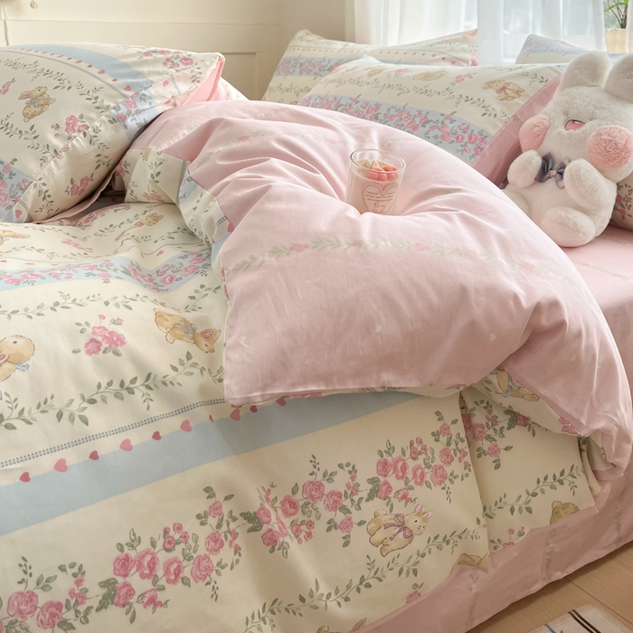 91家纺网 家纺一手货源 找家纺 吉象家纺 2025新款高支密全棉印花四件套12868跑量款 碎花小兔