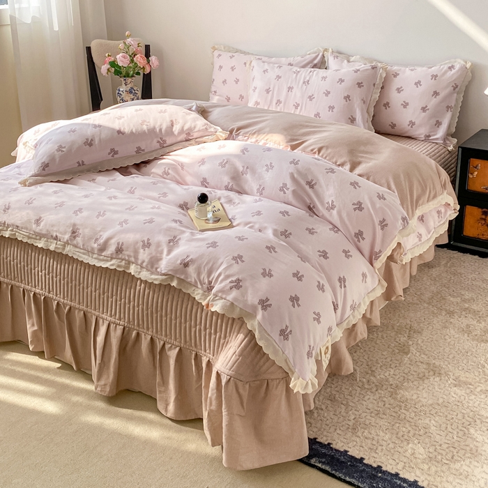 91家纺网 家纺一手货源 找家纺 梦可莱家居 2025新款全棉韩版蕾丝边床盖四件套 蝴蝶结