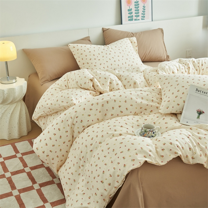 91家纺网 家纺一手货源 找家纺 趣色家纺 2025新款A类全棉双层纱印花四件套 柚香红