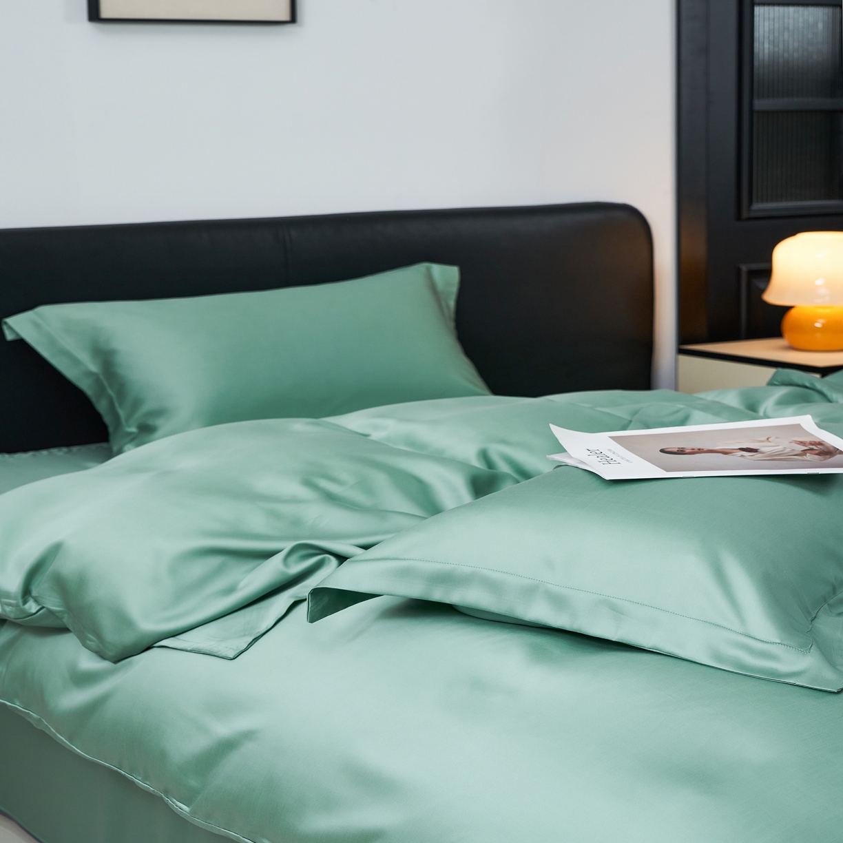 91家纺网 家纺一手货源 找家纺 顾家家居 2025新款纯色兰精天丝四件套 碧荷绿