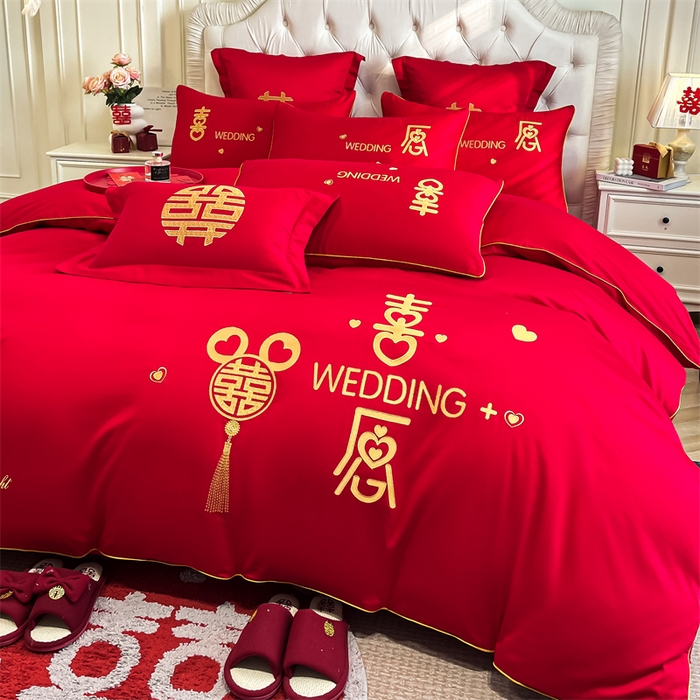 91家纺网 家纺一手货源 找家纺 欧乐蒂 2025新款亲肤棉刺绣婚庆四件套 喜愿