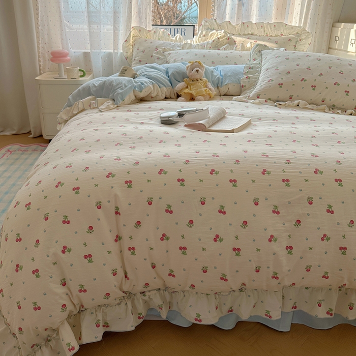 91家纺网 家纺一手货源 找家纺 轻奢坊 2025新款水洗棉密拷花边款 四件套 小樱桃