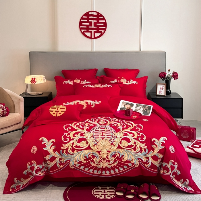 91家纺网 家纺一手货源 找家纺 欧乐蒂 2025新款欧式亲肤棉婚庆四件套 梦巴黎-红