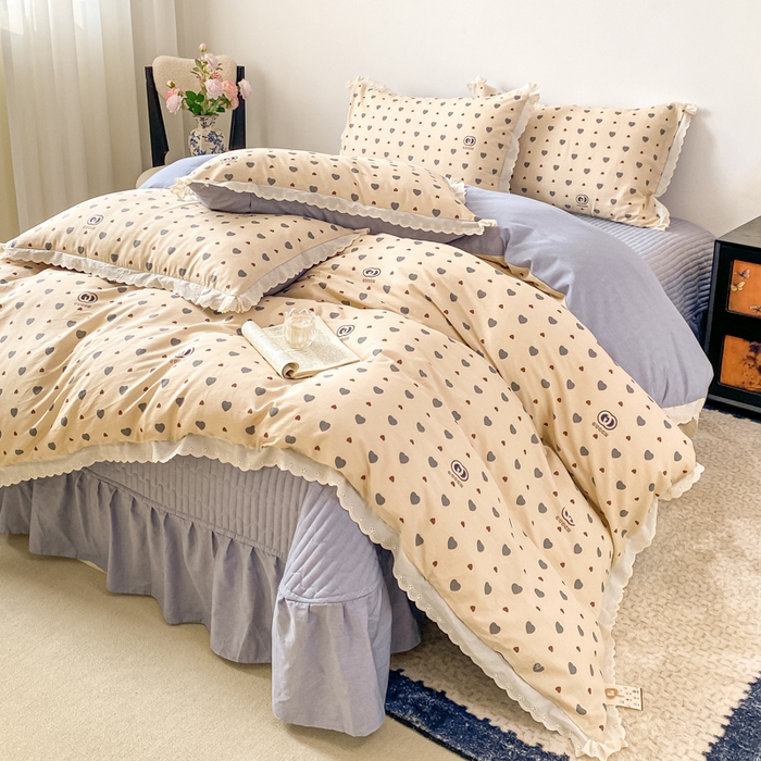 91家纺网 家纺一手货源 找家纺 梦可莱家居 2025新款全棉韩版蕾丝边床盖四件套 心动