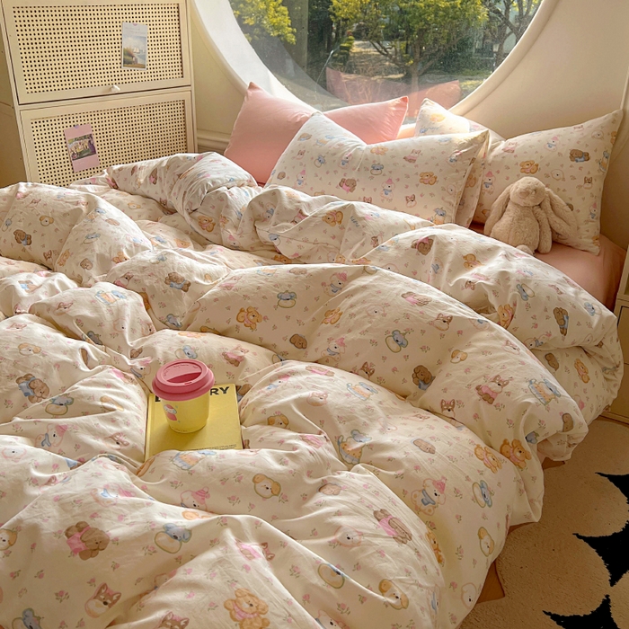 91家纺网 家纺一手货源 找家纺 2025耀达新款舒适水洗棉印花四件套 软萌西高地-印花