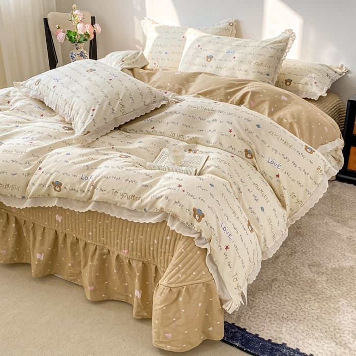 91家纺网 家纺一手货源 找家纺 梦可莱家居 2025新款全棉韩版蕾丝边床盖四件套 音乐熊