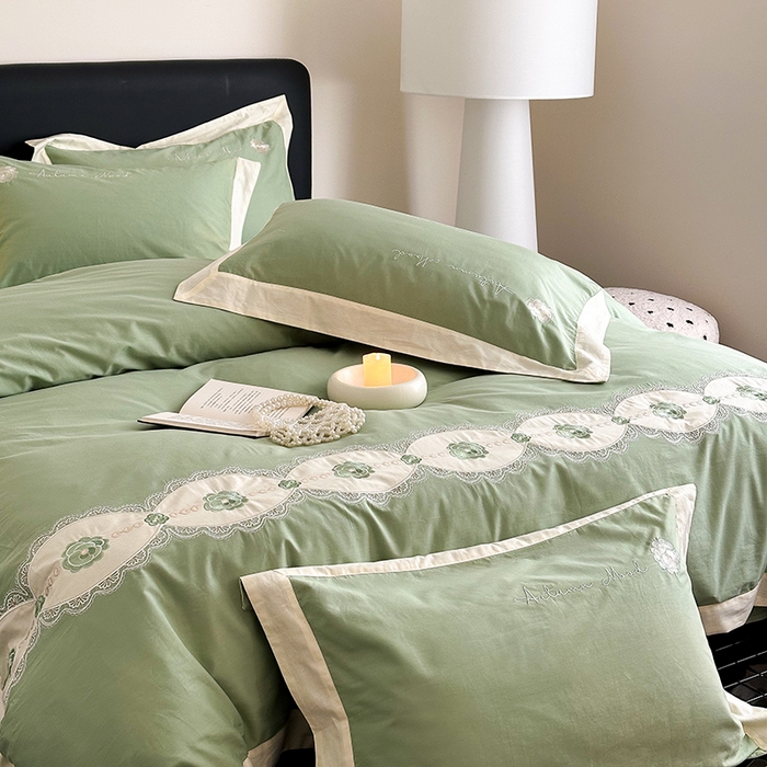 91家纺网 家纺一手货源 找家纺 懒猫家纺 2025新款【克莉斯】全棉刺绣四件套 克莉斯-绿