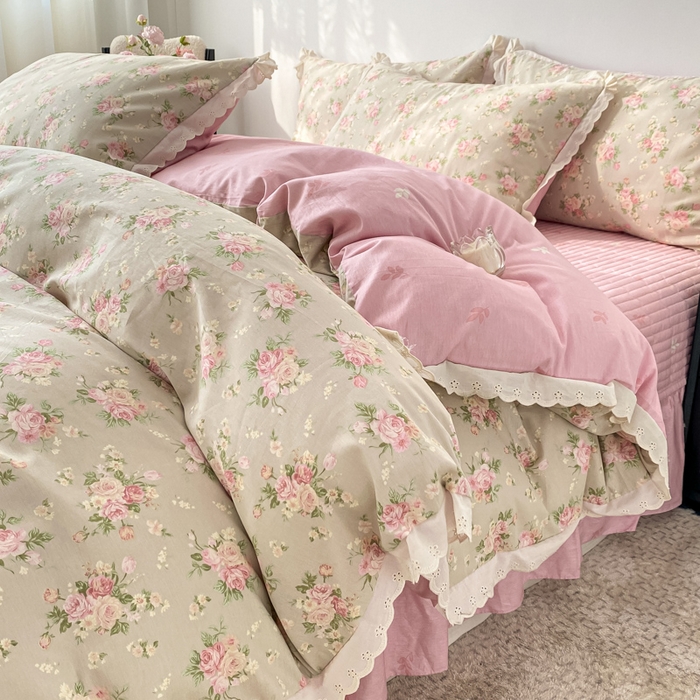 91家纺网 家纺一手货源 找家纺 梦可莱家居 2025新款全棉韩版蕾丝边床盖四件套 玫瑰