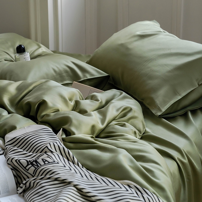91家纺网 家纺一手货源 找家纺  沐晴家纺 2026春夏新款纯色兰精天丝四件套双拼单被套单床笠床单枕套 欧芹绿