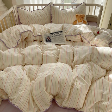 91家纺网 家纺一手货源 找家纺 三朵 2025新款全棉双层纱三角针四件套 简约派