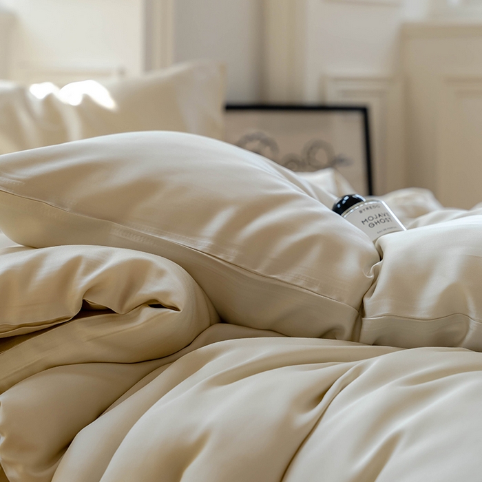 91家纺网 家纺一手货源 找家纺  沐晴家纺 2025春夏新款纯色兰精天丝四件套双拼单被套单床笠床单枕套 极地白