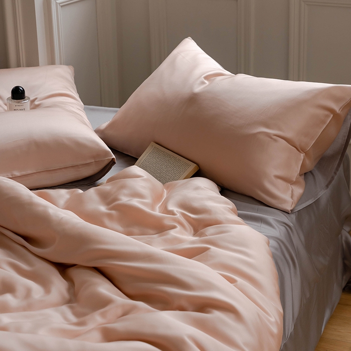 91家纺网 家纺一手货源 找家纺  沐晴家纺 2025春夏新款纯色兰精天丝四件套双拼单被套单床笠床单枕套 月光色-岩石灰