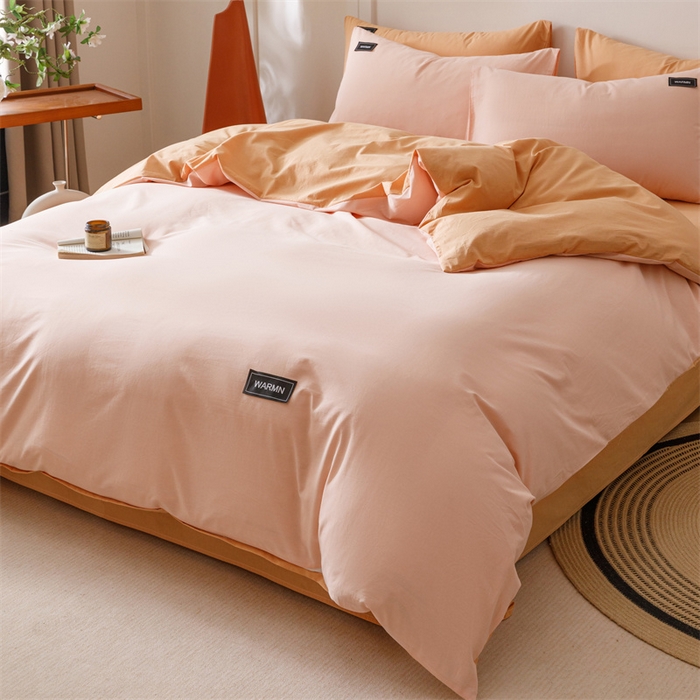 91家纺网 家纺一手货源 找家纺 趣色家纺 2025新款全棉双拼纯色四件套 浅粉+焦糖