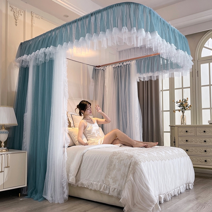 91家纺网 家纺一手货源 找家纺 宝莱利 2025年新款拉幕导轨蚊帐（可升降合金弯头支架）-田园风情 海蓝色