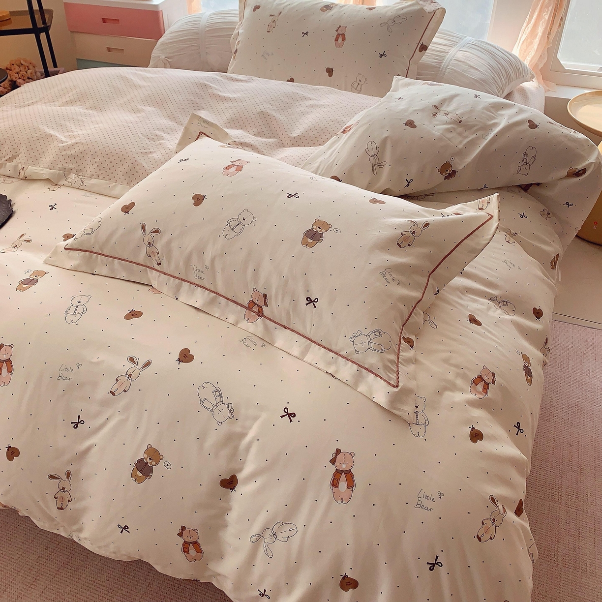 91家纺网 家纺一手货源 找家纺 奈萝家纺 2025新款亲肤小清新全棉四件套 布朗熊