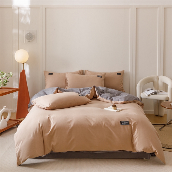 91家纺网 家纺一手货源 找家纺 趣色家纺 2025新款全棉双拼纯色四件套 卡其+浅灰