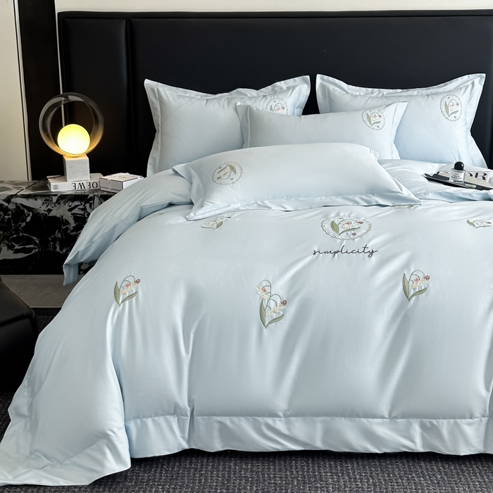 91家纺网 家纺一手货源 找家纺 新方向2025新款全棉长绒棉刺绣四件套-铃兰物语 铃兰物语-蓝