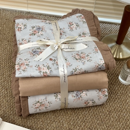 91家纺网 家纺一手货源 找家纺 （总）荣轩 2024新款全棉印花双层纱四件套 皱皱纱花边款