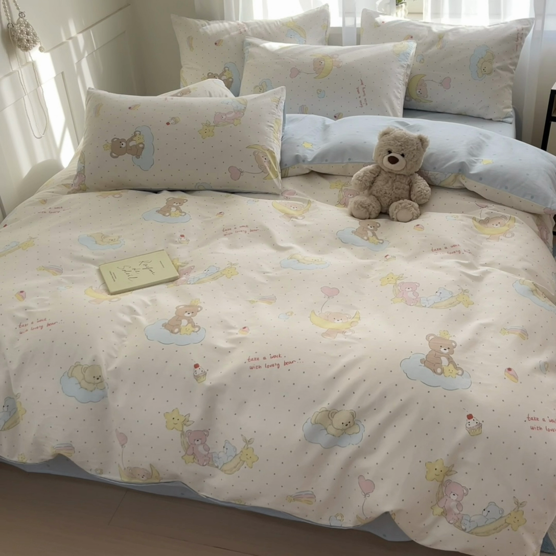 91家纺网 家纺一手货源 找家纺 吉象家纺 2025新款高支密全棉印花四件套12868跑量款 晚安小熊