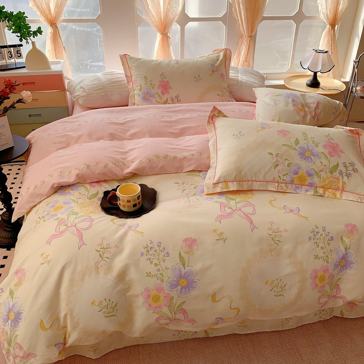 91家纺网 家纺一手货源 找家纺 奈萝家纺 2025新款亲肤小清新全棉四件套 春天花园