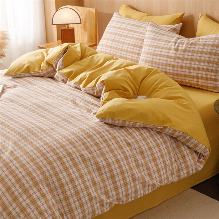 91家纺网 家纺一手货源 找家纺 趣色家纺 2025新款全棉色织水洗棉四件套 棉芷黄