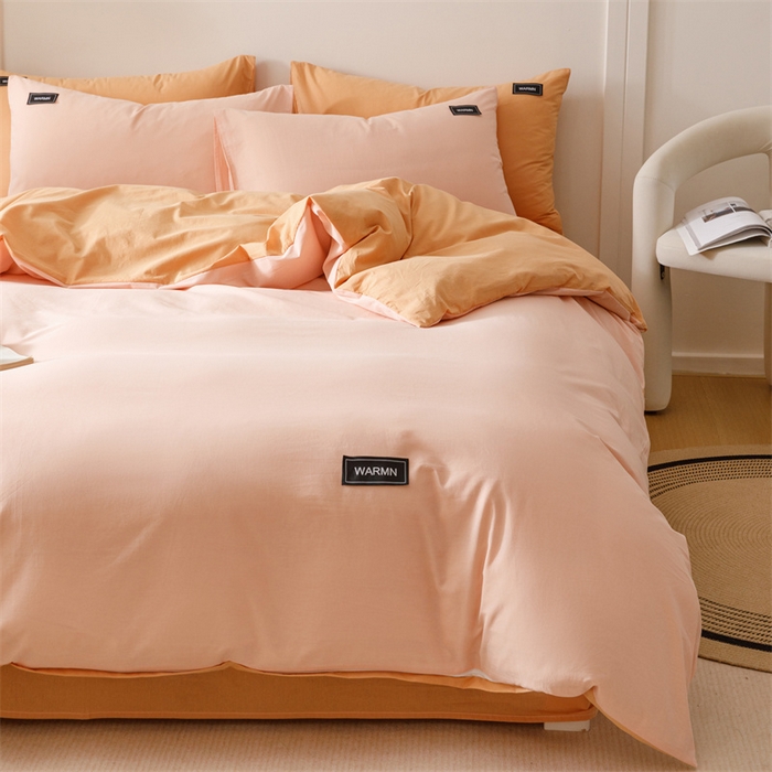 91家纺网 家纺一手货源 找家纺 趣色家纺 2025新款全棉双拼纯色四件套 浅粉+焦糖