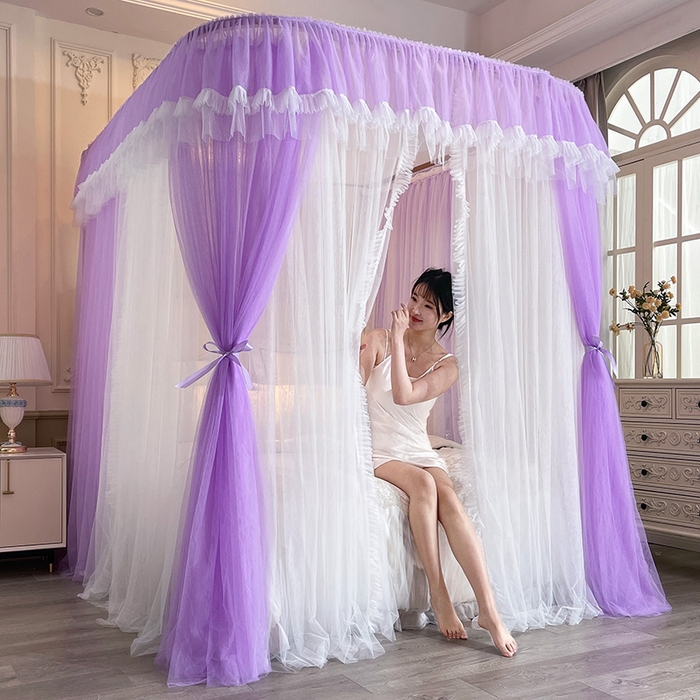 91家纺网 家纺一手货源 找家纺 宝莱利 2025年新款拉幕导轨蚊帐（可升降合金弯头支架）-田园风情 紫藤色