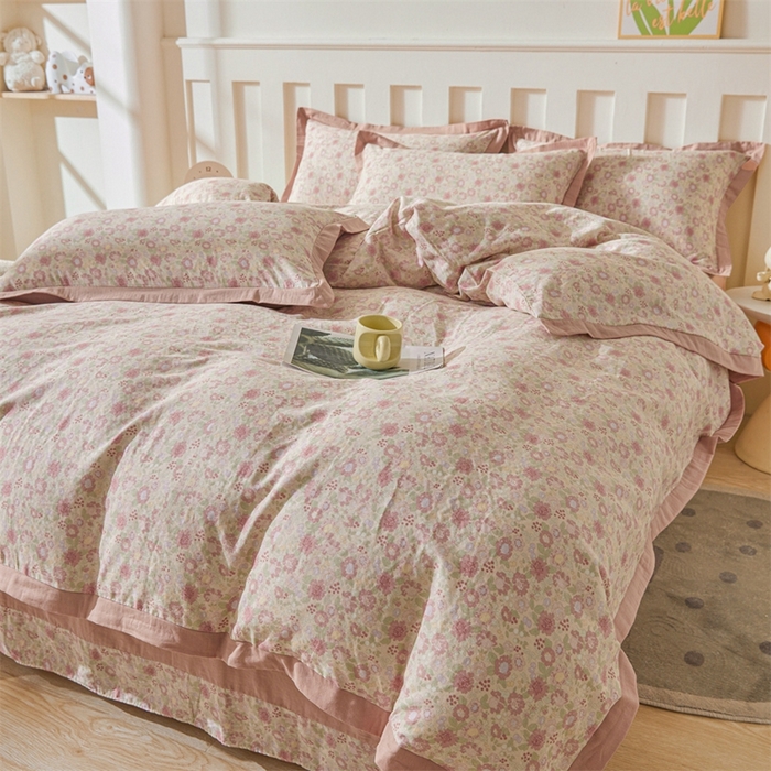 91家纺网 家纺一手货源 找家纺 缦彩 【加微信送买家秀】2025新款母婴级双层纱宽边床单四件套 怦然心动