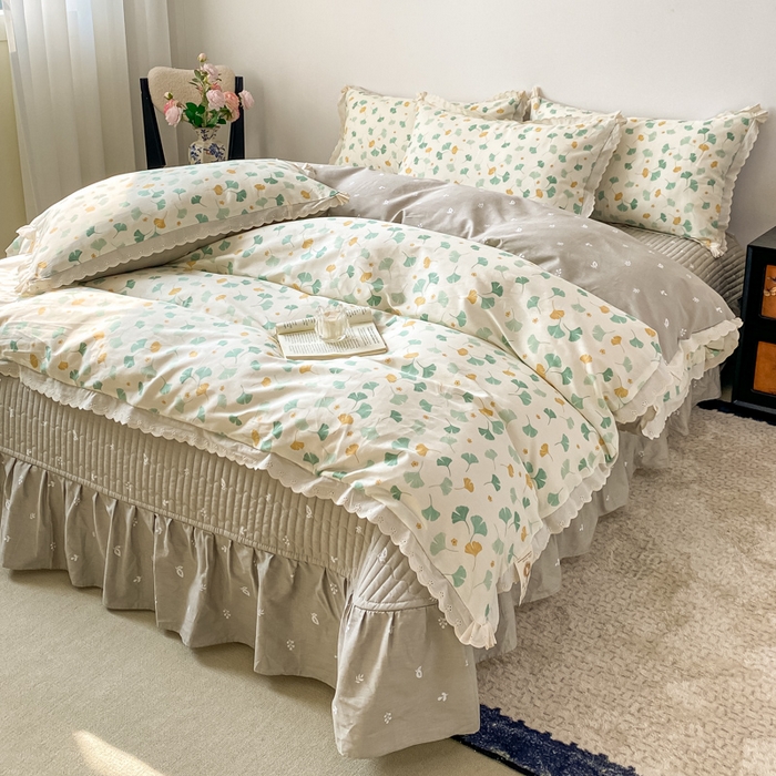 91家纺网 家纺一手货源 找家纺 梦可莱家居 2025新款全棉韩版蕾丝边床盖四件套 银杏叶