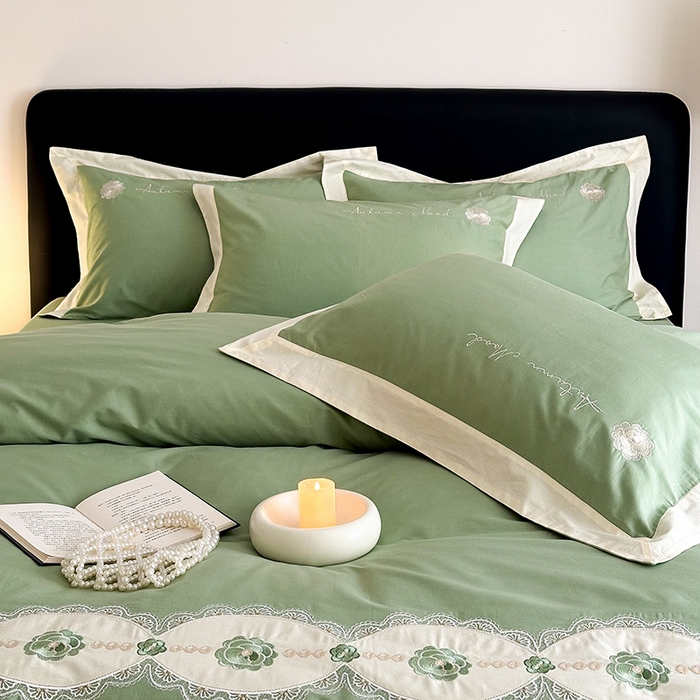 91家纺网 家纺一手货源 找家纺 懒猫家纺 2025新款【克莉斯】全棉刺绣四件套 克莉斯-绿