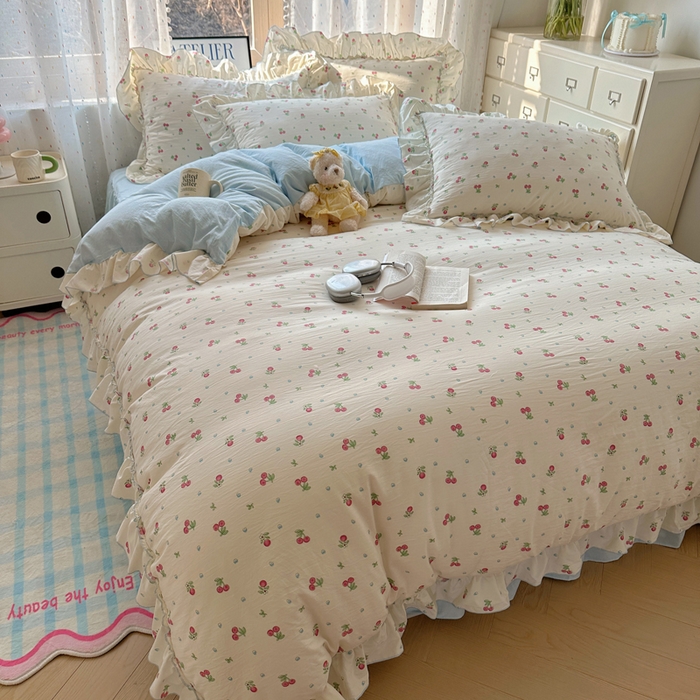 91家纺网 家纺一手货源 找家纺 轻奢坊 2025新款水洗棉密拷花边款 四件套 小樱桃