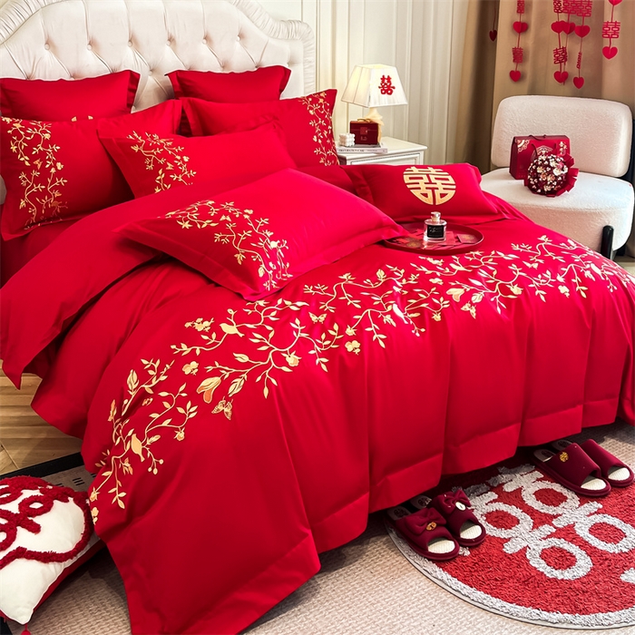 91家纺网 家纺一手货源 找家纺 欧乐蒂 2025新款亲肤棉刺绣婚庆四件套 喜上枝头