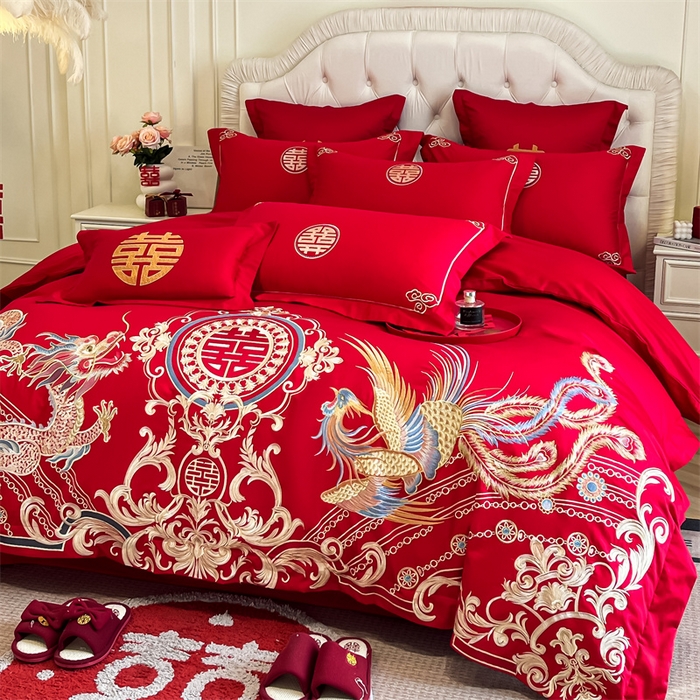 91家纺网 家纺一手货源 找家纺 欧乐蒂 2025新款亲肤棉刺绣婚庆四件套 龙翔凤跃