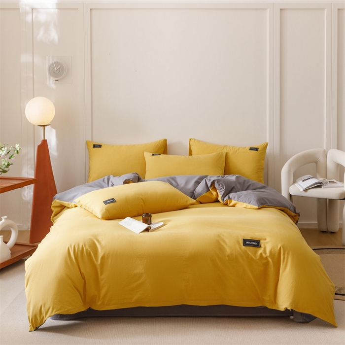 91家纺网 家纺一手货源 找家纺 趣色家纺 2025新款全棉双拼纯色四件套 米黄+深灰