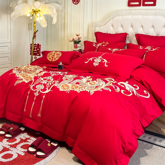 91家纺网 家纺一手货源 找家纺 欧乐蒂 2025新款亲肤棉刺绣婚庆四件套 龙凤爱恋