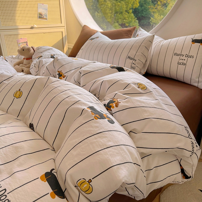 91家纺网 家纺一手货源 找家纺 2025耀达新款舒适水洗棉印花四件套 条纹犬-印花