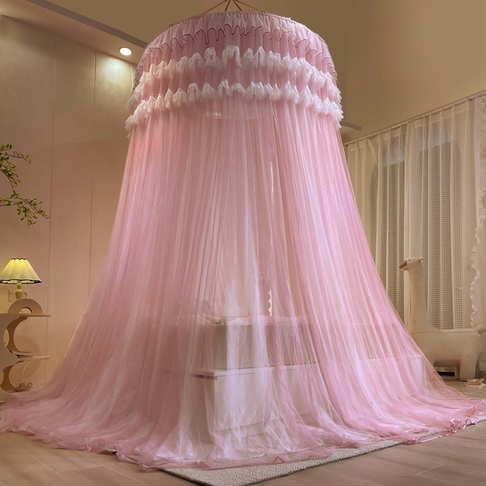 91家纺网 家纺一手货源 找家纺 宝莱利 2025年新款圆顶吊顶蚊帐-唯美 玫瑰粉