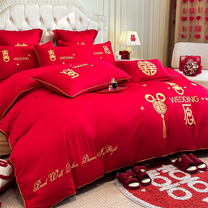 91家纺网 家纺一手货源 找家纺 欧乐蒂 2025新款亲肤棉刺绣婚庆四件套 喜愿