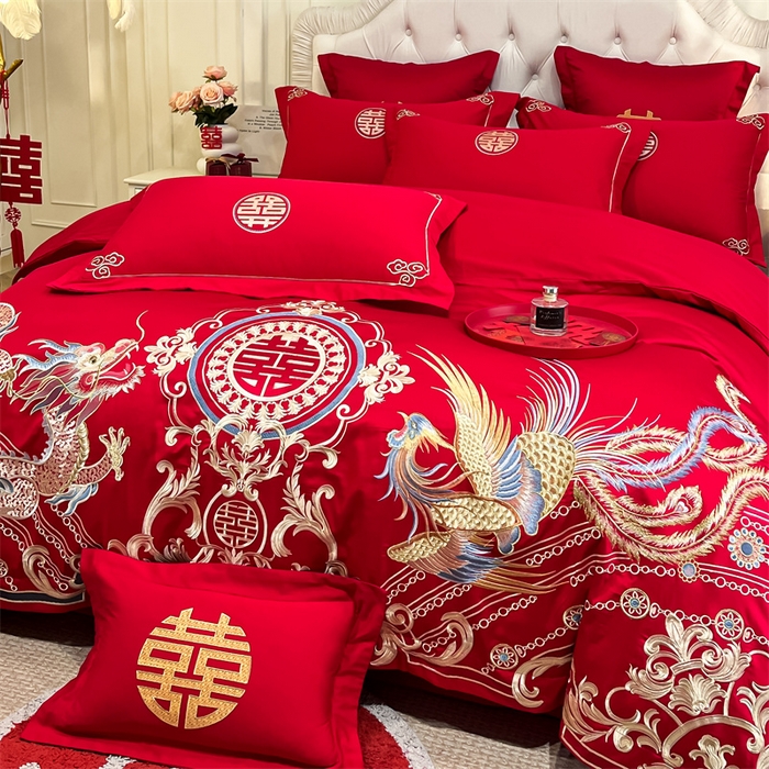 91家纺网 家纺一手货源 找家纺 欧乐蒂 2025新款亲肤棉刺绣婚庆四件套 龙翔凤跃