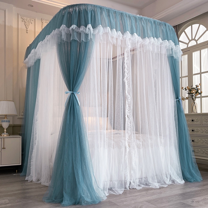 91家纺网 家纺一手货源 找家纺 宝莱利 2025年新款拉幕导轨蚊帐（可升降合金弯头支架）-田园风情 海蓝色