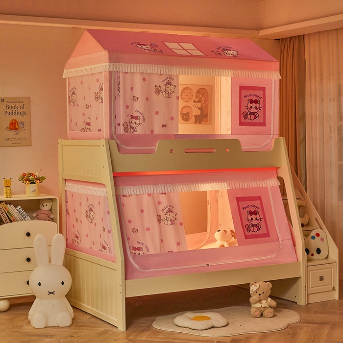 91家纺网 家纺一手货源 找家纺 迪凡保罗蚊帐 2025新款2504专版印花遮光帘上下铺子母蚊帐-城堡款 俏皮猫