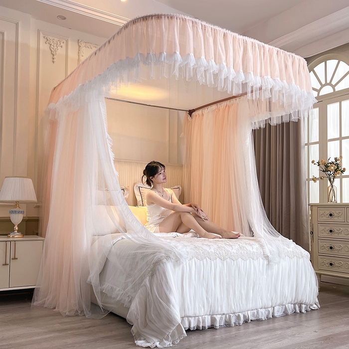 91家纺网 家纺一手货源 找家纺 宝莱利 2025年新款拉幕导轨蚊帐（可升降合金弯头支架）-田园风情 玫瑰粉