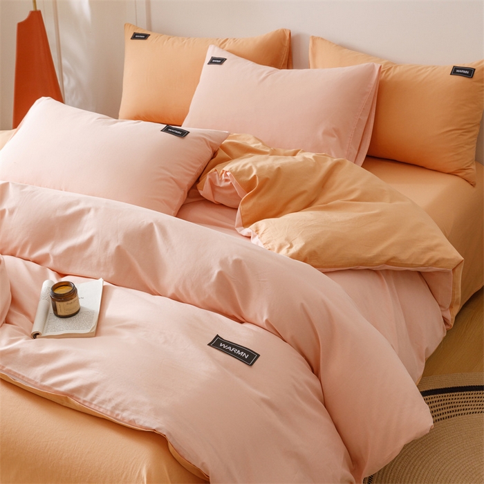 91家纺网 家纺一手货源 找家纺 趣色家纺 2025新款全棉双拼纯色四件套 浅粉+焦糖