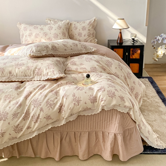 91家纺网 家纺一手货源 找家纺 梦可莱家居 2025新款全棉韩版蕾丝边床盖四件套 彩绘