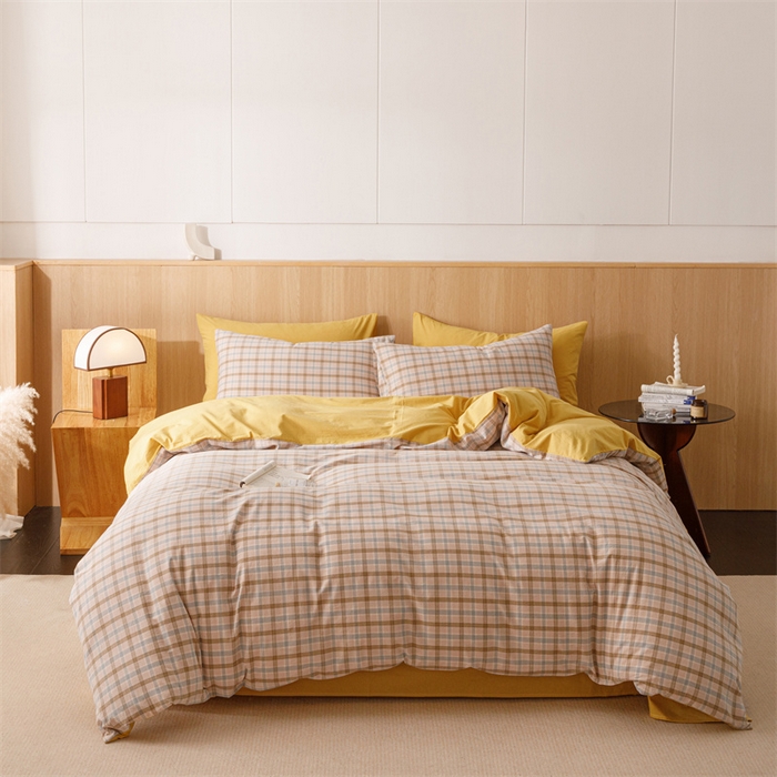 91家纺网 家纺一手货源 找家纺 趣色家纺 2025新款全棉色织水洗棉四件套 云水黄格